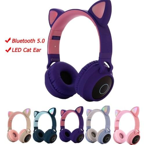 Vococal Foldable Cute Cat Ear Over-Ear Wireless Bluetooth 5.0 Earphone with LED Light FM Radio SD/TF Card Festival Gifts