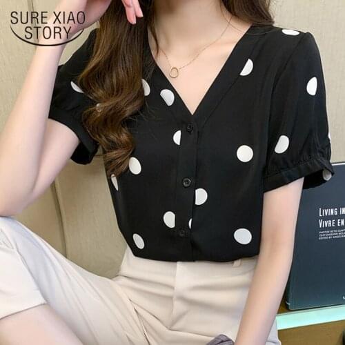 Office Lady Polka Dot V Neck Women Shirts 2021 Summer Short Sleeve Chiffon Women Blouse Tops Plus Size Printing Clothing 13899