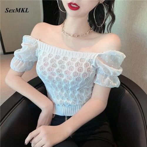 Women Summer Off Shoulder Tops 2020 Sexy Knitted White Blouses Black Korean Clothing Chiffon Patchwork Transparent Casual Blouse