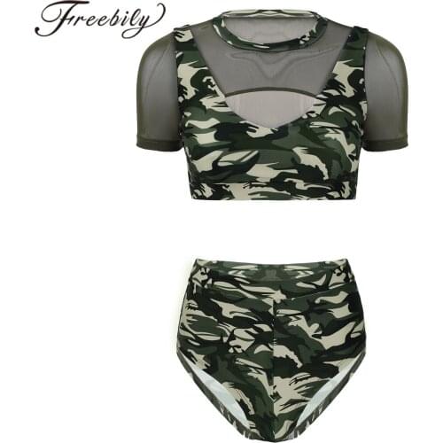 Womens Swimwear Camouflage Swimsuit Short Sleeve Crop Top Tee with Briefs Shorts Sexy Women Sport Suits Summer Bathing Suit