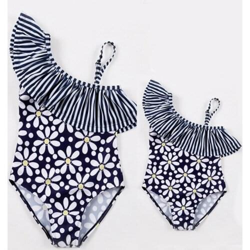 Family Matching Daisy Women Girls one piece swimsuit Mom and Daughter strip one shoulder Bathing Suit Swimwear BeachwearQZ19016