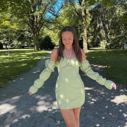 Casual Halter Dresses For Womens Off Shoulder Backless Lace-Up Removable Puff Sleeve Pencil Dress Summer Autumn Vacation Verano