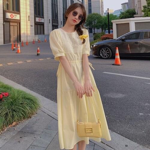 2021 New Women Vestidos Elegantes Dress Puff Sleeve Robe Femme Ladies Dresses Yellow Korean Style Casual Womens Clothes