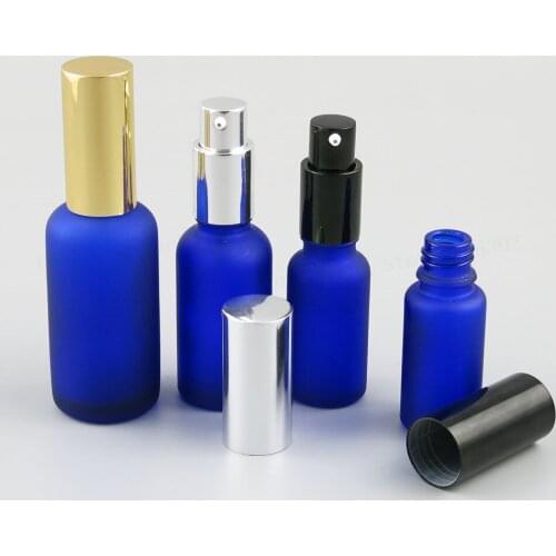 Frost Blue Glass Bottle With Aluminium Lotion Pump Empty Travel Glass Cream Shampoo Bottle 100ML 50ML 30ML 20ML 15ML 10ML 12PCS