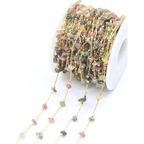 5Meter Gold Brass Wire Wrapped Raw Chips Rosary Chains,Colourful Tourmaline Chip Link Chain Necklace Bracelet Jewelry Findings