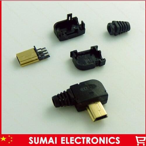 Free shipping 20set/lot 4 in 1 gold plating Mini USB 5P Male Plug T port left elbow 90 degrees DIY wire-type