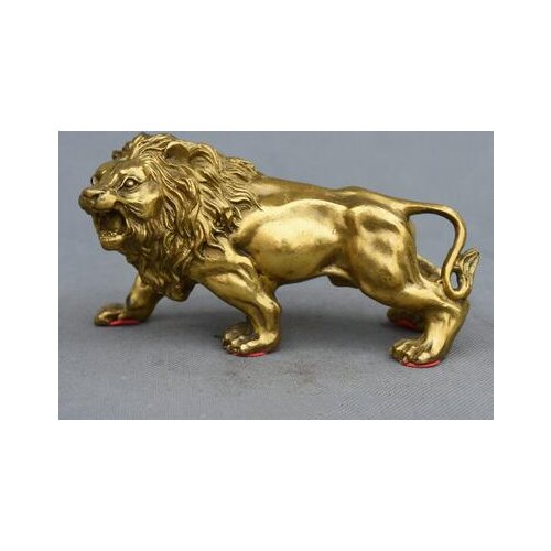 Free shipping 6" Folk Chinese Feng shui Brass Sculpture Carving Ferocity Lion Leo King Statue