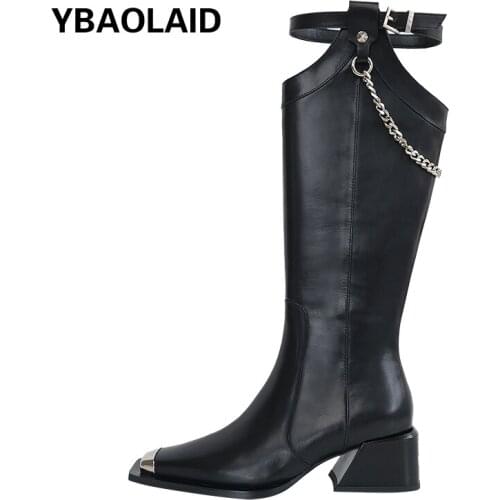 Anti-collision Metal Head Leather Chain Fashion Boots for Fall/winter New Style Pointed V-belt Side Zipper Mid-heel Knight Boots