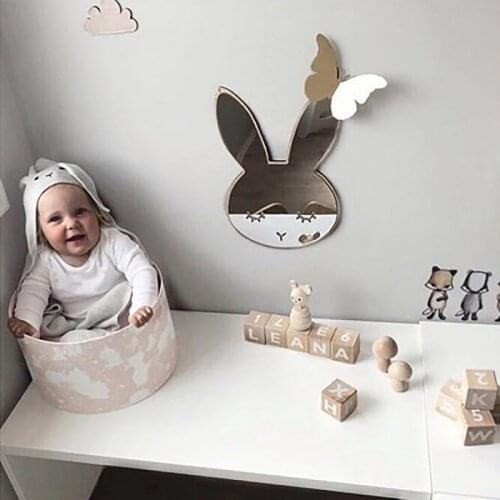 Children Cartoon Decorative Mirror Wooden Acrylic Home Furnishing Wall Decor Baby Room Rabbit Bowknot Mirror DIY Art Decorations