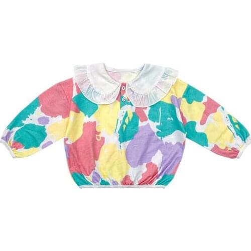 DFXD New Kids Sweatshirt Girls Long Sleeve Ruffles Turn Down Collar Print Pullover Tops Spring Autumn Fashion Childrens Hoodies