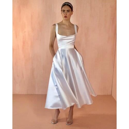 Elegant Short Halter Neck Satin Wedding Dresses with Pockets A-Line White Criss Cross Back Robes De Mariée Bridal Gown For Women