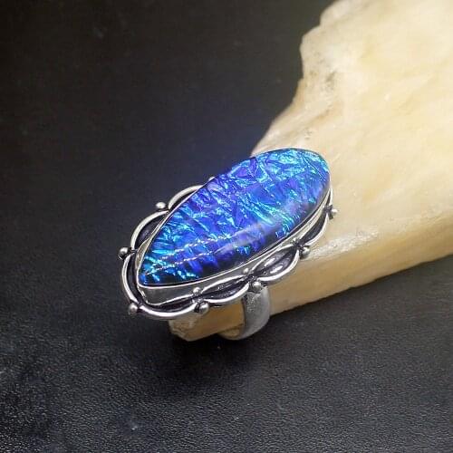 Gemstonefactory Jewelry Big Promotion Single Unique 925 Silver Vintage Blue Dichroic Glass Women Men Gifts Rings 8# 20213054