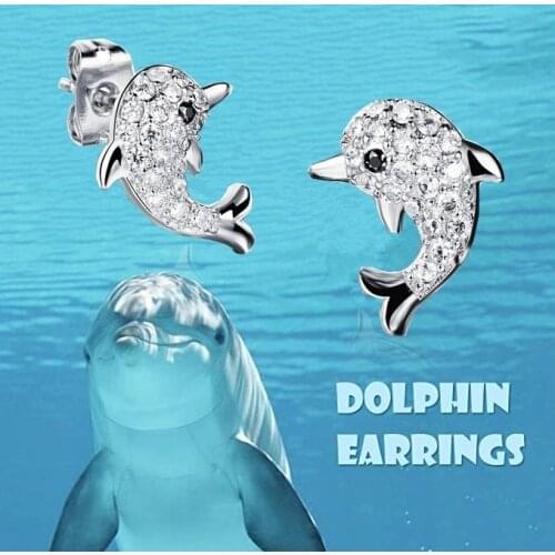 White Gold Brilliant Cut Zircon Dolphin Stud Earrings Cute Sweet Animal Whale Earrings Valentines Day Christmas Gifts for Women