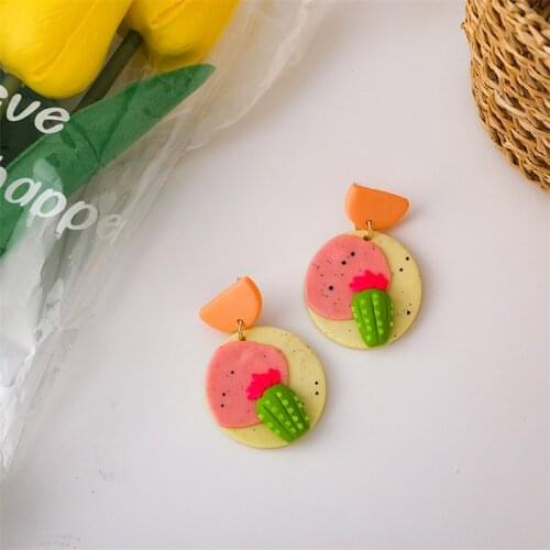 Summer Sweet Cactus Earrings Literary Fun Cute Round Soft Ceramic Ear Stud Personality Literary Jewelry Female