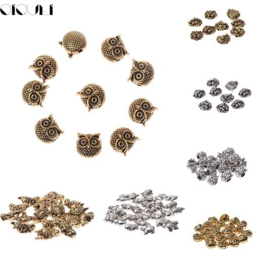 OIQUEI 10Pcs/Lots Alloy Animal Owl Lion Head Elephant Bead Gold Sliver Color Spacer Beads Charms DIY For Bracelet Jewelry Making