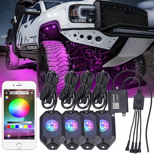 RGB LED Rock Lights with Bluetooth Controller, Timing, Music Mode For Jeep off-Road Truck Car Multicolor Neon LED Light Kit