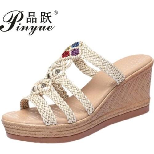 Sandals Women Summer New Outdoor Slope Heel Bohemian Woven Women Sandals Beach Shoes Women High Heel Slippers