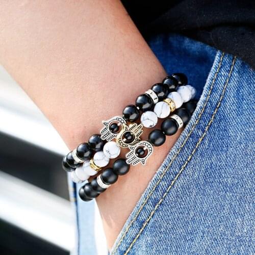 Charm Evil Eye Bracelet Men Bileklik Black Matte Beaded Bracelets Fashion Prayer Hand Shape Women Prayer Fashion Jewelry