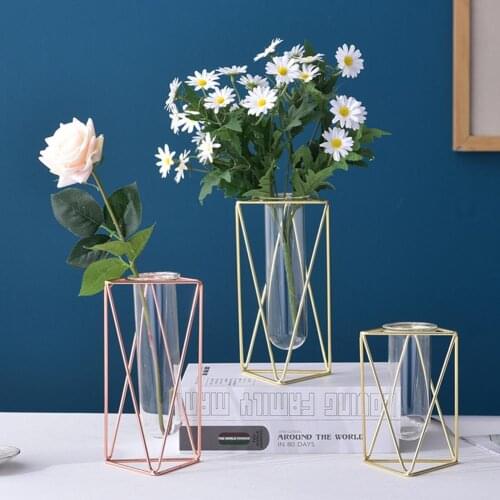 Home Decor Glass Vase Shatterproof Wrought Iron Test Tube Hydroponic Plant Flower Pot With Triangular Decoration Ornaments