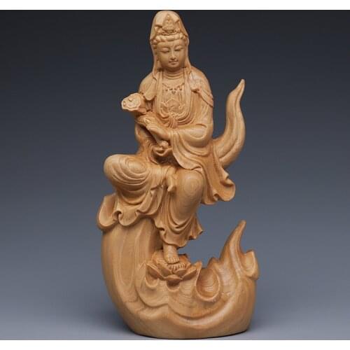 Solid Wood Flame Guanyin Statue Chinese Buddha Statue Ornaments Carving Crafts Home office decorator ornaments 15cm