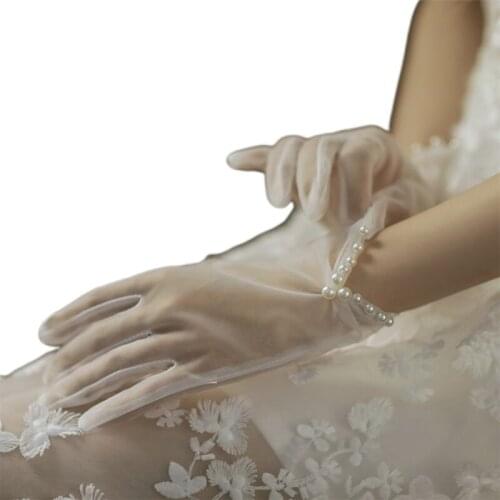 Vintage Short Sheer Wedding Gloves Pearl Patchwork UV Protection Sunscreen Bridal Full Finger Mittens