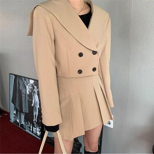 Female Cute Korean Lady Two Piece Set Sungtin Sailor Collar Kawaii Korea Women Loose Mini Pleated Skirt 2 Peice Set Khaki Black