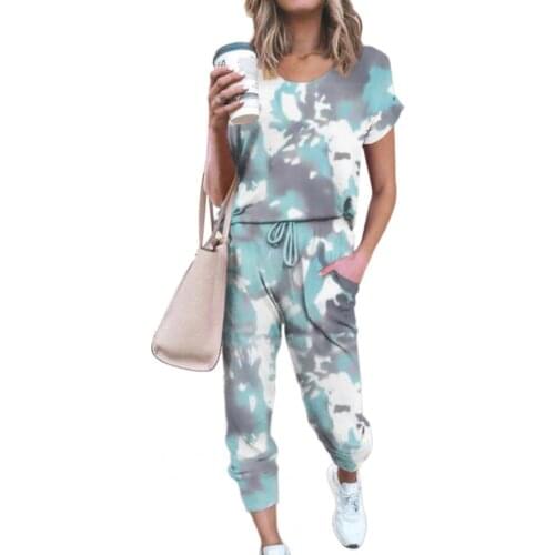 Womens Tracksuit Sets Casual Tie Dye Loose Sports Suit Women Short Sleeve T-shirt And Drawstring Pants Outfit Two Pieces Set