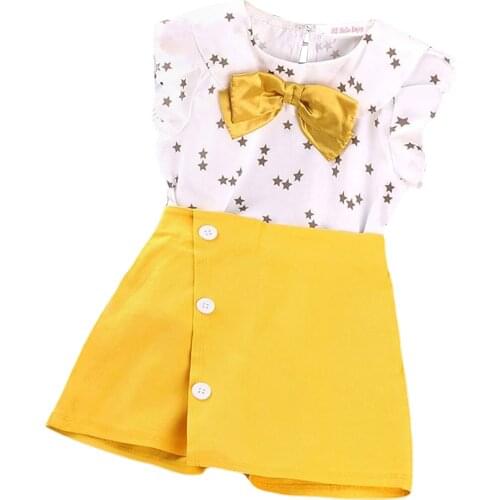Infant Kids Baby Girl 2Pcs Summer Clothes Suit Sleeveless Stars Printed Doll Collar Tops Solid Color A-line Short Skirt 2-6t
