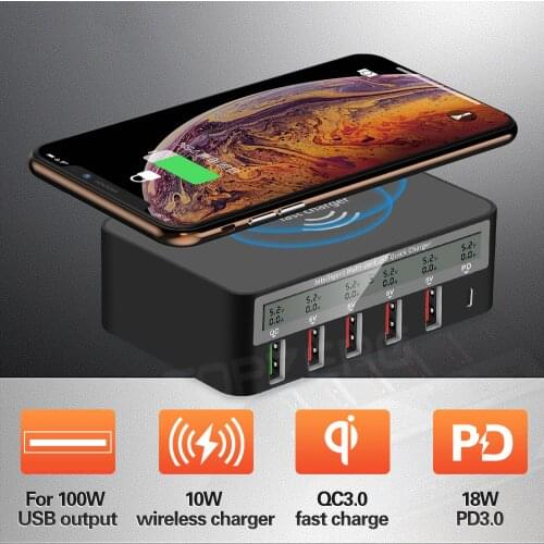 6 in 1 PD 100W Usb Charger 6 Poort Type C PD3.0 QC3.0 Draadloze Snelle Charger Moblie Telefoon Usb Laadstation Met lcd Display