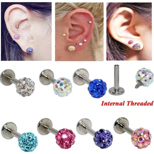 7PCS Surgical Steel 4mm Charming Crystal Ball Labret Tragus Cartilage Earring Round Tragus Lip Ring Ear Cartilage Earring 16g