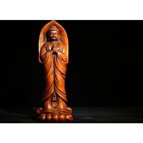 8" China Lucky Old Boxwood Hand-carved Great Buddha Tathagata Shakyamuni Buddha Statue Enshrine the Buddha Office Ornaments