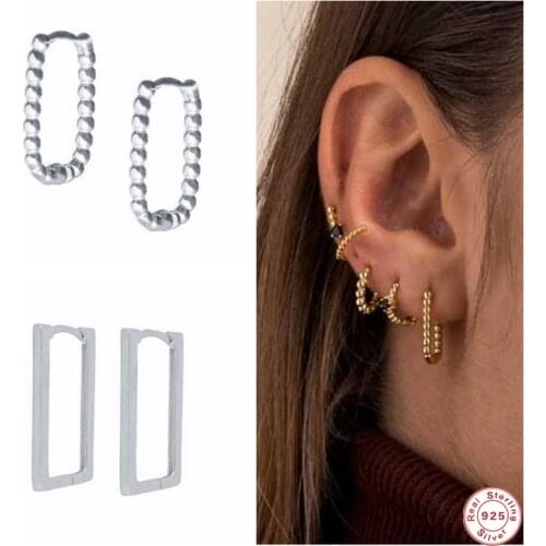 GS 925 Sterling Silver Minimalist Square Rectangle Gold Hoop Earrings For Women Chic Geometric Beads Huggie Earring Jewelry