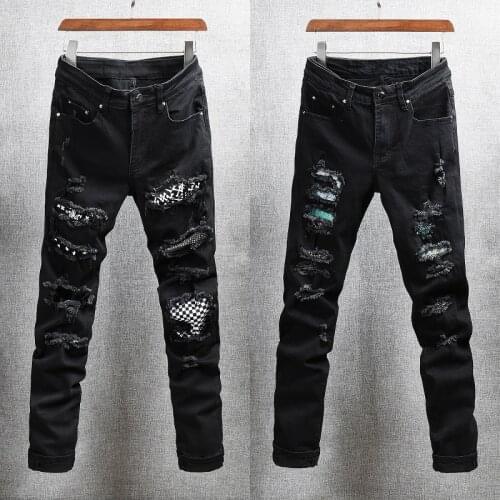 American Streetwear Fashion Men Jeans Slim Fit Black Elastic Cotton Ripped Denim Punk Trousers Patches Designer Hip Hop Pants