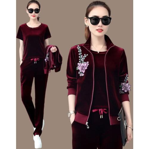 Velvet Tracksuit Women 3 Piece Set Autumn Winter Clothes 2021 Jacket Short Sleeve T-shirt Pants Suit Velour Womens Sets X504