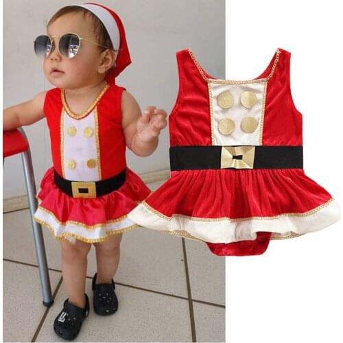 0-24M Infant Baby Girl Red Velvet Bodysuit Xmas Party Princess Sleeveless Round Collar Tutu Bodysuit Dress Santa Cosplay Suit