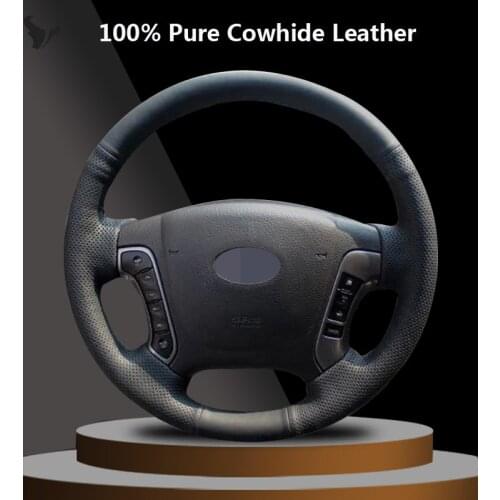 Black Genuine Leather Steering Wheel Cover for hyundai santa fe 2006 2007 2008 2009 2010 2011 2012