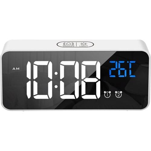Bedside Wake Up Digital Mirror Led Music Alarm Clock with Snooze Temperature Thermometer Acoustic Voice Control Backlight