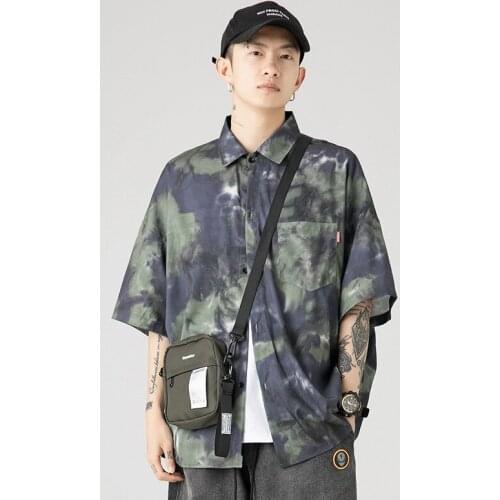 Men High Street Popular Logo Short Sleeve Shirt for Summer 2021 Mens Handsome Tie-Dyed Loose Shirt Streetwear