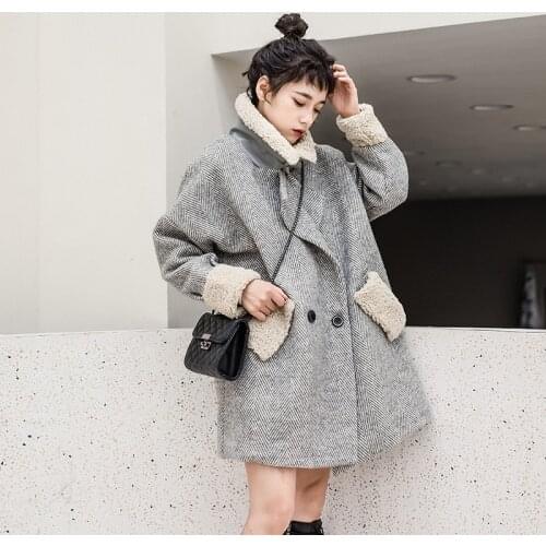 Lamb Wool Collar Double-breasted Woolen Coat Womens Mid-length Thickened Woolen Coat Abrigos Mujer Invierno Fad Abrigo+mujer
