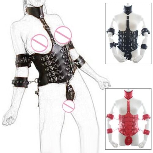 Fetish Lockdown Leather Cincher Corset With Arm Restraint Handcuffs Neck Collar,Bdsm Bondage Harness Sexy Costume Erotic Sex Toy