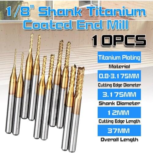 New Durable 10Pcs End Mill 1/8" Shank Titanium Coated End Mill Carbide CNC Milling Cutter Router Bits
