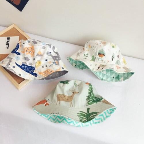 Korean Style Baby Hat Spring Summer Double Faced Cartoon Print Baby Sunscreen Beanie Kids Boys Girls Bucket Cap