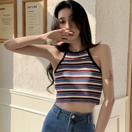 New Summer Fashion Knitted Crop Tops Women Patchwork Striped Slim Thin Stort Camisole Halter Casual Stretch Tank Tops Female