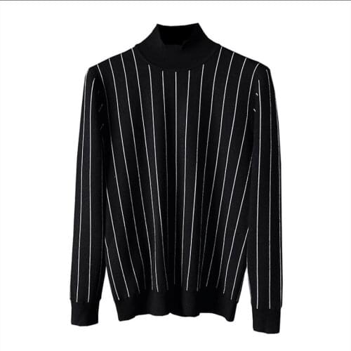 M-2xl Autumn And Winter New High Neck Thick Simple Black And White Striped Sweater Mens Half-high Collar Knit Bottoming Shirt