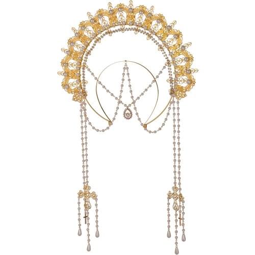 Gold Halo Crown Tassels Headband Lolita Hair Hoop Virgin Mary Headpiece Gorgeous Wedding Headdress