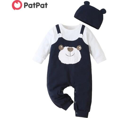 PatPat 2021 New Arrival Autumn and Winter 2-piece Baby Bear Faux-two Animal Baby Rompers Jumpsuit with Hat Baby Clothing