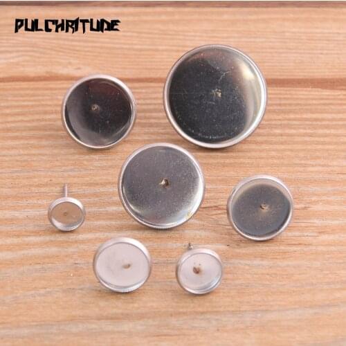 PULCHRITUDE 10pcs Stainless iron Blank Earring Base Cabochon Cameo Base 6-20mm Flat Earring Setting Supplies For Jewelry Making