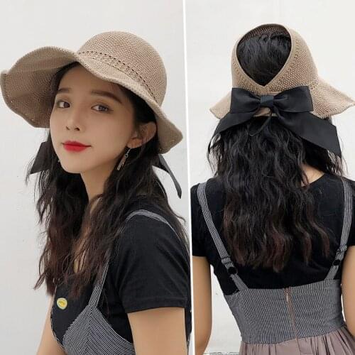 2021 New Bow Womens Floppy Summer Sun Beach Straw Hat Fashion Foldable Wide Brim visor hat female travel accessories Bonnet