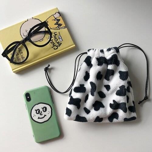 String Drawstring Bag Simple Student Small Messenger Plush Bag Cow Pattern Crossbody Shoulder Bag Female Black White Cow Bag