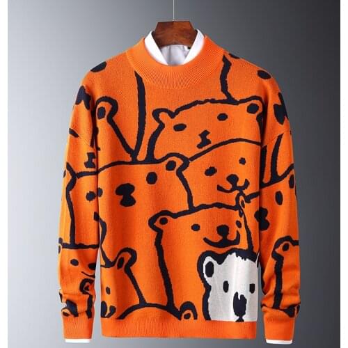 Mens Autumn Casual Sweaters Polar Bear Pattern Trendy Slim Sweaters Cotton Long Sleeve Round Collar Male Warm Pullovers Orange